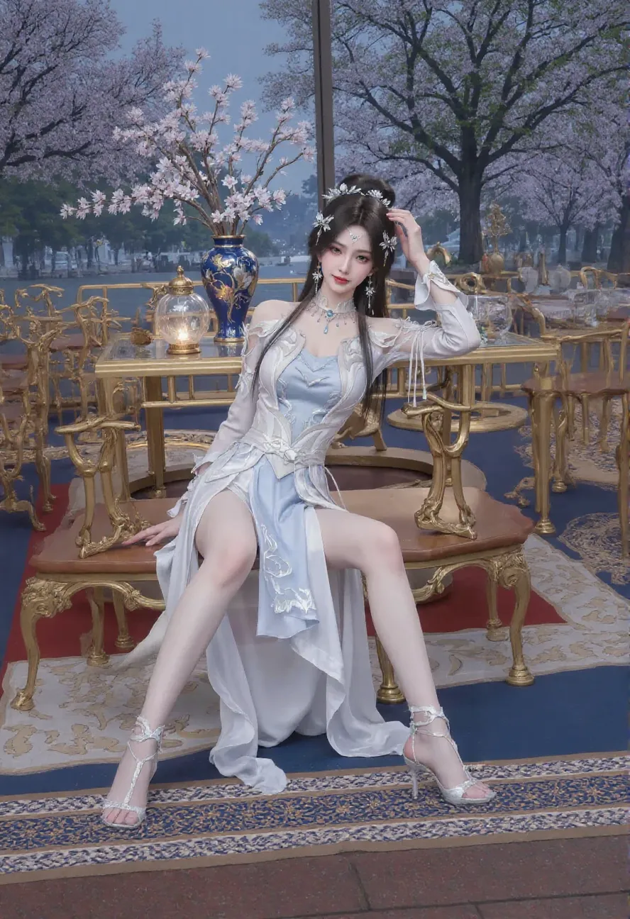 ((Knee Shot)), Arapefe, Looking at the camera, wear high heel shoes,Put on the crown,necklace,Smile,Shoot at random angles,By the window, In the castle, transparency,(extra large ,1.5),Turn around and look at the camera,masterpiece,Flawless,transparency,Ethereal,More details and decorations,Show your thighs,Sexy slender legs, 8K,(Wearing rings and other accessories,1.9),White skin,Gorgeous decoration,A girl,(Anatomically correct,high quality, High Detail, masterpiece)