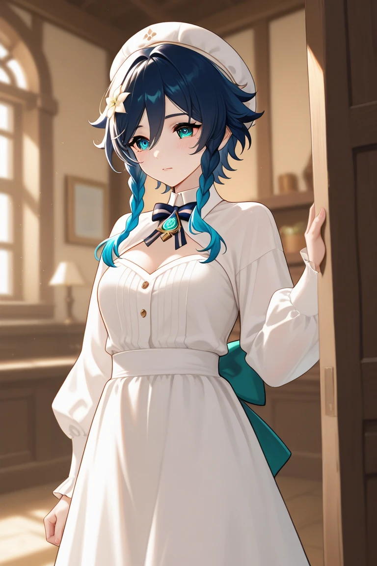 small breasted girl, short, elementary school student, blue hair, single braid, blue eyes, round eyes, shy, shy, , short, young face, short height, , glasses with no edges,bed,,bed, (bottomless:1.4),flat chest,pussy are visible, Sheer Dress