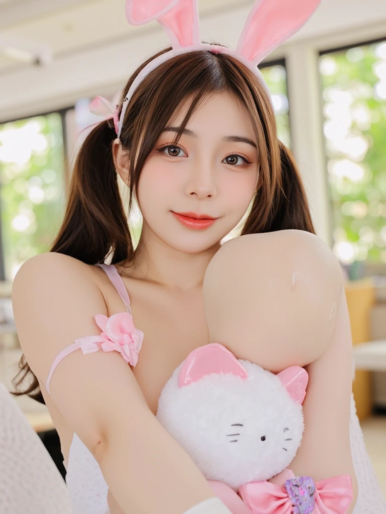 Cute face like an 18-year-old idol　Smiling Kindly　Lolita fashion in Japan　Cosplay　Her hairstyle is twin tails.　Cleavage　morning　Hotel Living Room　(whole body)　RAW Photos　High resolution　Genuine　Live Action　Accurate depiction　Realistic