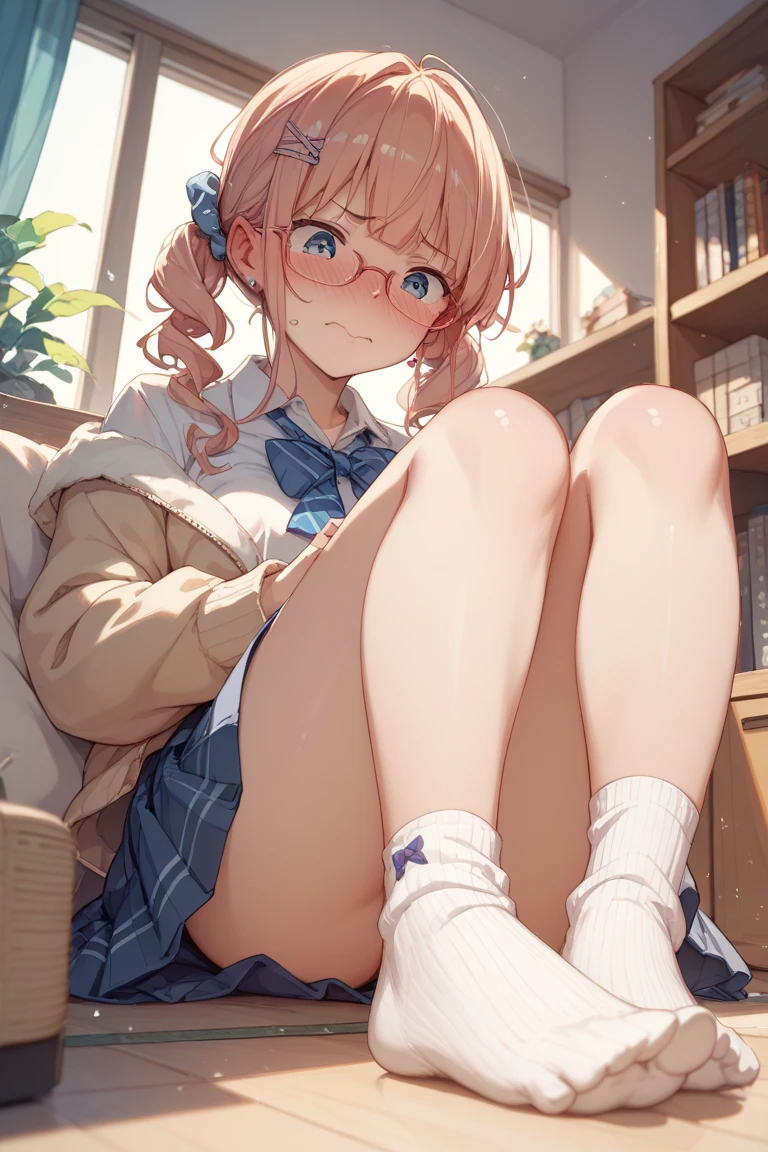 masterpiece, best quality, ultra-detailed, illustration, an extremely delicate and beautiful, cute, girl, energetic, active, 2girls, crossed legs, brown hair, aqua eyes, happy, (drill hair)++, hat, wolf ears, (school uniform)-, shopping, nsfw, Sexy, light_Blue and White bra, ultra-small bra, NuBra, extreamly detailed crotch, crotch line,