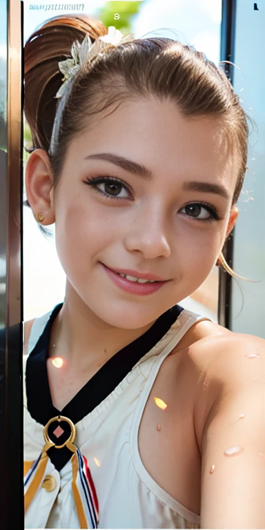 Photo of a 14 year-old american girl, .RAW, beautiful teenage girl, (Long brown hair with ponytail), light brown hair ponytail hairstyle((retrato)), ((Cara detallada:1.2)), ((Detailed facial features)), (Piel finamente detallada) , (Masutepiece) (proporciones perfectaotos realistas)(La mejor calidad) (Detallado) fotografiado con una EOS R5 de Canon, Lente de 50 mm, f/2.8, NffSW, (8k) (papel tapiz) (cinematic lighting) (Dramatic lighting) (foco nítido) (Enrevesado) senos medianos , pechos medianos , muchas pecas en mejillas y nariz , pecas en pecho, cuerpo completo , hermoso cuerpo de adolesente, lindo maquillaje , gran sonrisa , chica delgada escultural , ojos azules , usa camisa blanca de manga corta , flor rosa en la camisa , flada amarilla con imagenes de cuadros , mocacines cafes , calcetas blancas , Luan Loud , TLH