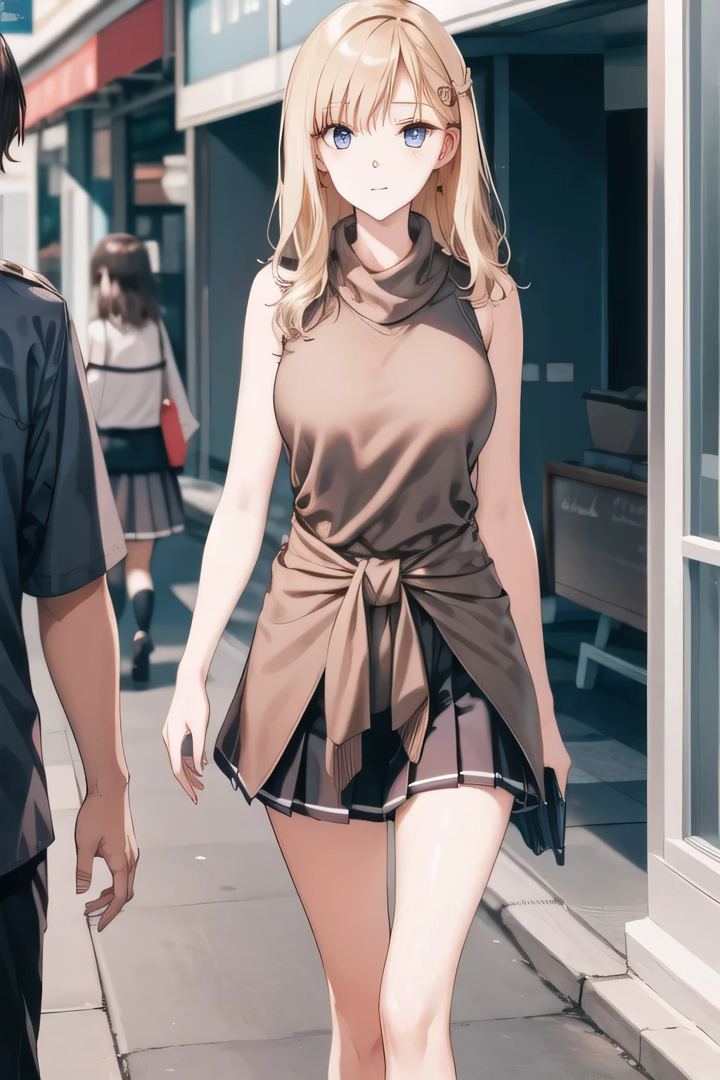 Please Become Blonde。dark blue pleated skirt,Please draw her expression more delicately，walking alone，    city tour    ,，（（（She is wearing casual tourist attire））），  ,（Let's draw a more delicate look），（sleeveless wool sweater），（ Pleated Legs，white panties），（That work is enough for one person {X} is very important for work）、 That alone is a great enough work，don't frown。unless work requires it。 {X}、 ,    An attractive 40-year-old adult woman jumps out of her uniform,                    big black wavy hair, ,   Big breasts, Thin Waist ， ,   ，