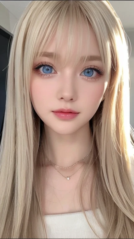 (Best quality, masterpiece, detailed), (RAW, 4k, hd images), 1 girl, 17 years old, white skin, bright and dazzling blonde hair, long bangs between the eyes, hair buns, beatutiful face, perfect face, cute face, glowing pale blue eyes, thin pink lips, lipsticks, detailed features of face design, perfect body, perfect breast, round breast, smile, indoors, hoodie, photo on middle facing camera, white wall background, upper body