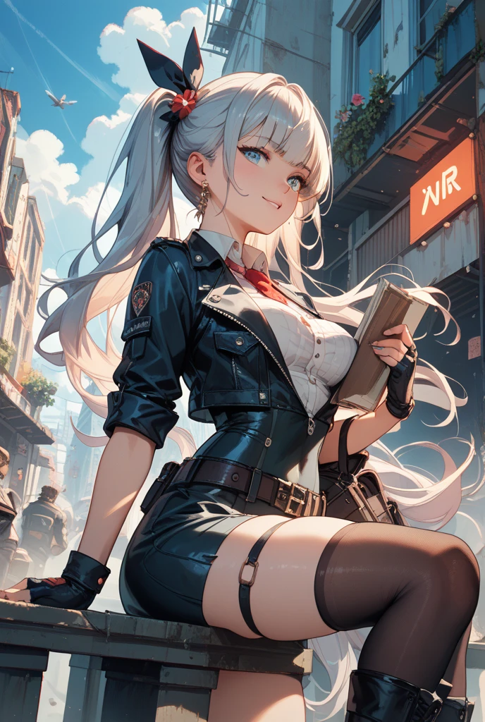 mature_female,silver hair,lipstick,eyeshadow,long_eyelashes,thick eyebrows,ahegao,jitome,heart-shaped_pupils,black_pantyhose,fingerless_gloves,police_uniform,long hair,