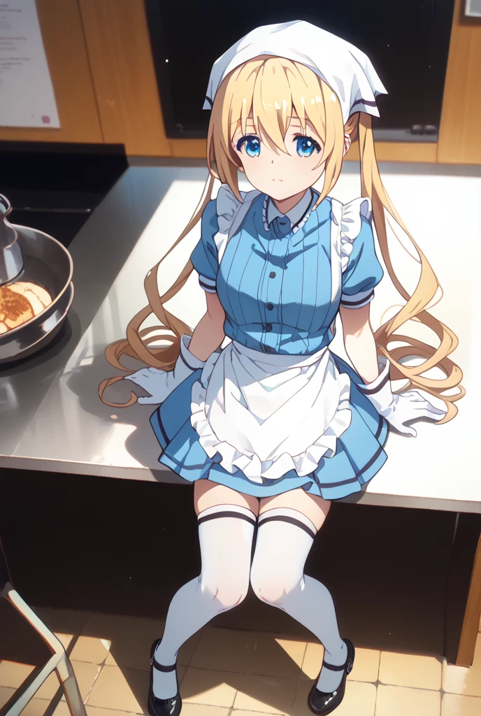 masterpiece, best quality, highres, kaho hinata, maid, maid headdress, waist apron, (blue shirt, blue skirt:1.2), short sleeves, white gloves, looking at viewer, crossed arms, pout, blush, cafe,(showing panties:1.3),(lean forward:1.3), (ass up), indoors