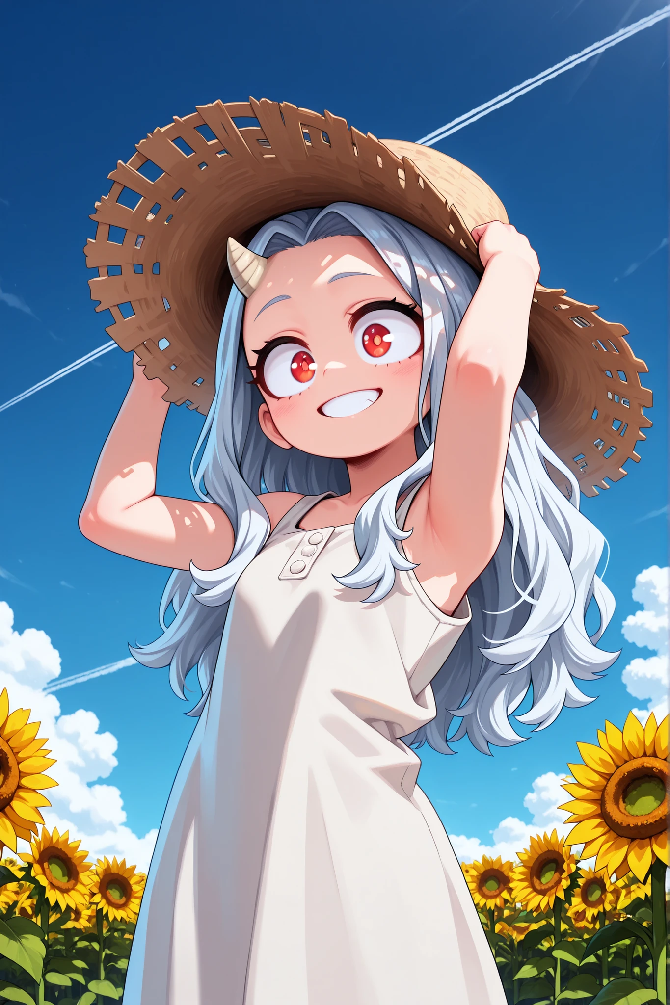 1 girl, solo, normal person, smiling, looking at the viewer,
Academia Eri,
Eri, long hair, red eyes, white hair, horns, one horn,
(masterpiece, best quality, very high resolution), masterpiece, high resolution, perfect anatomy, anime style, anime screenshots, 8K wallpaper, ultra high quality, (highly detailed CG), (perfect lighting), (sharp image of), AddXL,
Sunflower, flower field, daytime, blue sky, contrail, summer,
Straw hat, white dress, sleeveless, photo background, masterpiece, high resolution, absurd, detailed face, beautiful face, detailed eyes, beautiful eyes, shiny hair, latest, best quality, good quality, great quality, great quality, very beautiful, very foxtail, bent arms, arms raised, arching back, holding hat brim, adjusting hair around ear with one hand, contraption post