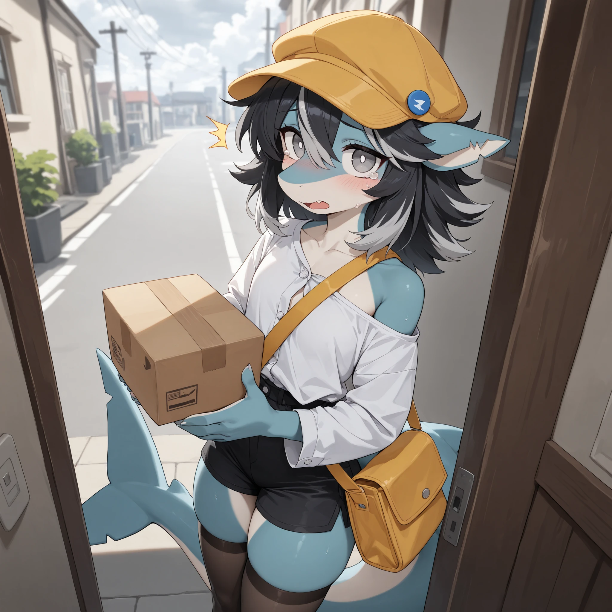 (Masterpiece, Best quality:1.2), (front angle, close up), front porch, street, cloudy, gray sky, detailed shadows, detailed lighting, dark lighting, adult, (broad shoulders), 1boy, solo, silver eyes, black hair, silver highlights on hair, medium hair, hair over whole head, (angular fringed) hair, anthro furry, shark, shark skin, (pointed shark ears), shark tail, light blue skin, [flat chest], thick thighs, medium ass, [medium body], curvy, cute, jitome, (femboy, feminine boy), wearing yellow hat (flat cap), exposed shoulder, long sleeves, white ((button shirt)), pin on hat, yellow shoulder bag, delivery bag, black cutoff shorts, stockings, shy, surprised, outside, raised eyebrows, slight blush, surprised, standing up, ((holding package with both hands, holding box with both hands)), wide eyes, teary eyes, tears in eyes, [soft smile, open mouth], emotional, stockings, looking at viewer, doorframe, open door, standing on street, (very detailed body, face, tail, arms, hands, legs, head and eyes), from above, straight on