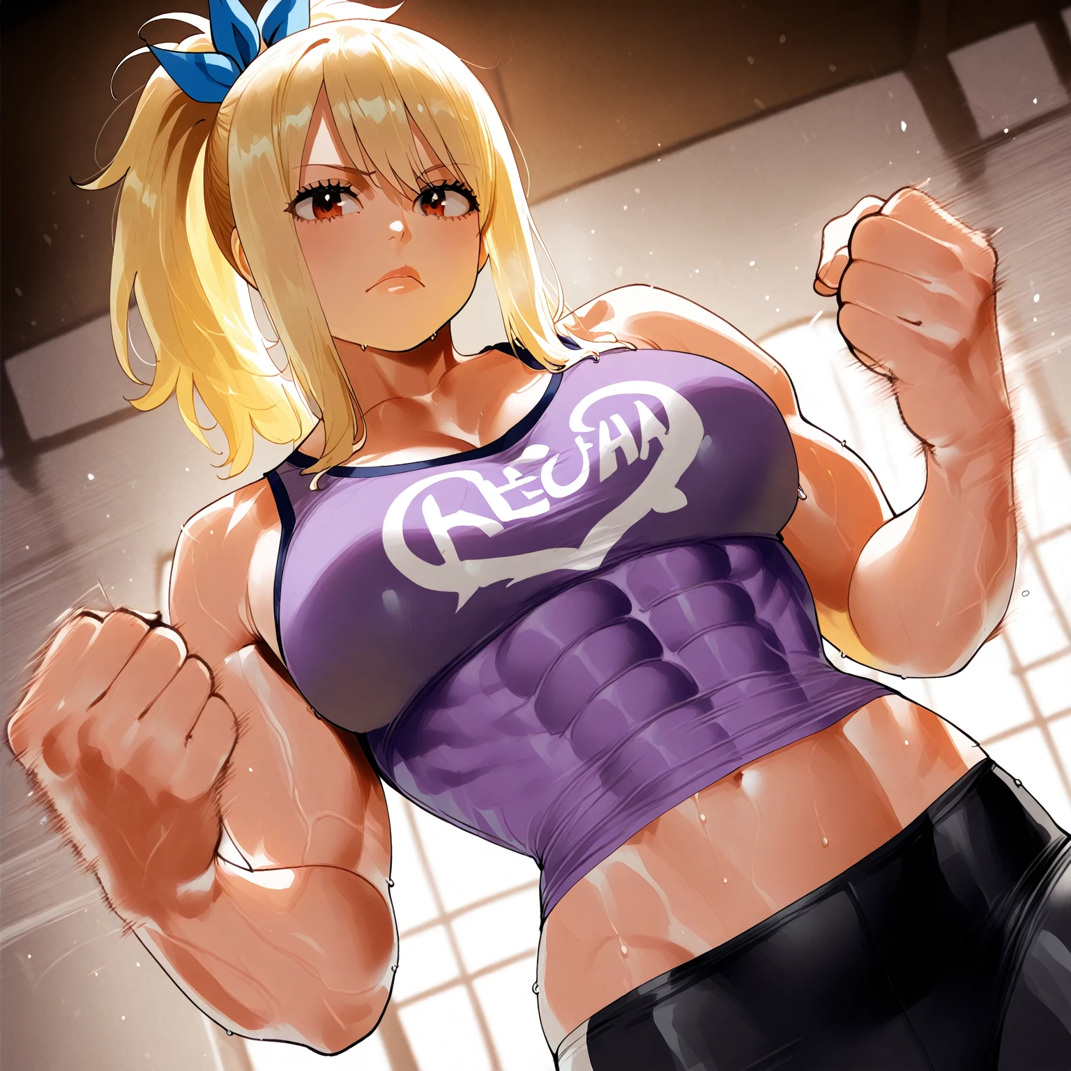 Two-dimensional, bikini, blonde, purple eyes, big belly, abs, muscles --auto --s2