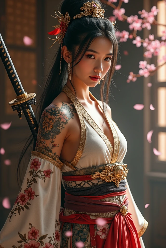 Best quality,masterpiece,ultra high res,(photorealistic:1.4),xiuxian,weapon,Detailed face, 1girl,solo,weapon,cleavage,(magic circle:1.2),xiuxian,upper body,Beautiful girl,full body,huge breasts,east asian architecture,sheath,architecture,
