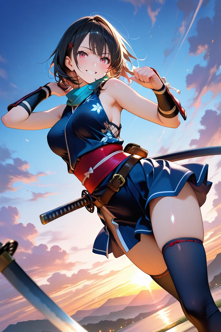 Create an image of a character with blue eyes and brown hair who wields a sword