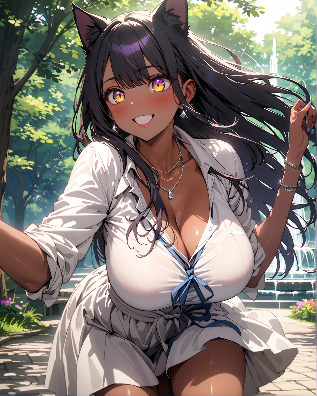 best quality, masterpiece, 1girl, (solo:1.1), raytracing, ultra detailed,detailed face, 8k wallpaper, wide hips, smile, HimejimaAkenoNDV, 1girl, black hair, small breasts, very long hair, purple eyes, red skirt, , shirt, corset, ponytail, hair ribbon, ribbon, outdoor, (wet clothes)、(view visible through clothes:1.0)、(view:1.0), black bra visible, cleavage, black panties, BREAK, sit under the rain, wet clothes, in dynamic pose