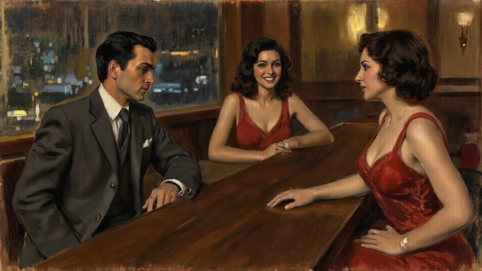 A painting of a young couple having a drink happily facing each other at a very smoky Parisian bar table, Then Martin, Then Martin artwork portrait, diner scene, film noir jazz bar, drawn in a neo - noir style, neo - noir style, Neo-Noir Setting, neo noir style, inspired by f.. scott hess, Thomas Dalziel, film noir realistic, inspired by f. scott hess