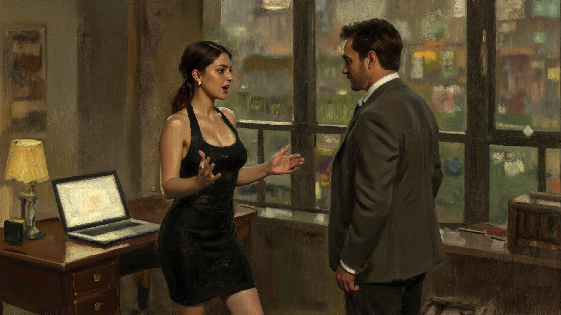 The man in his 55s with black very short hair and smooth face with moustache. The woman in her 55s with brown long wavy hair. In the retro office. Night, dark, dim. The man is wearing unbuttoned light blue shirt. The woman is wearing floral red dress. Doggy . The woman is moaning. Orgassion. Erotic. Uealistic.