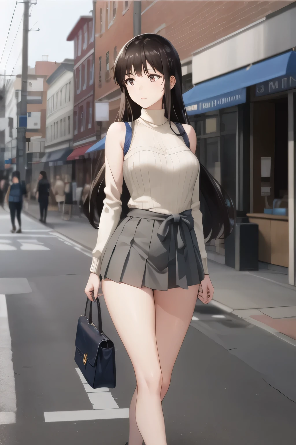 black hair long hair，hair band，dark blue pleated skirt,Please draw her expression more delicately，walking alone，    city tour    ,，（（（She is wearing casual tourist attire））），   ,（Let's draw a more delicate look），（sleeveless wool sweater），（ Pleated Legs，white panties），（That work is enough for one person {X} is very important for work）、 That alone is a great enough work，don't frown。unless work requires it。 {X}、 ,    An attractive 20-year-old adult woman is jumping out of her uniform,                    big black wavy hair, ,   Big breasts, Thin Waist ， ,   ，