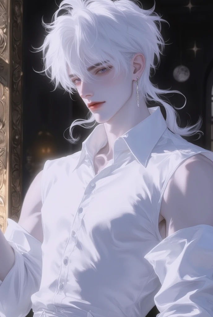 Albino man, straight white hair, mullet haircut, pale skin, gray eyes, mole on left cheek, piercing in the left ear and lower lip, thin white eyebrow, fleshy lips, sem pelos faciais, long white eyelashes wearing a white poet blouse, wide and muscular body.