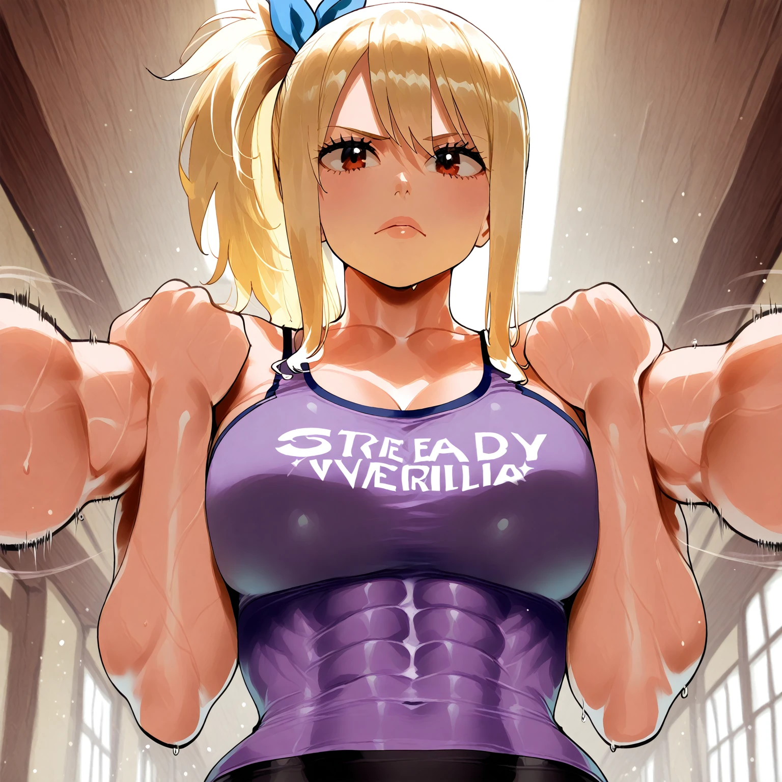 Optimal lighting) , (Extremely complex and detailed) , 4K unified, (Super detailed CG: 1.2) , (8k: 1.2),(The original), (masterpiece) , (best quality),(masterpiece:1.4),Anime-like high quality,(masterpiece),masterpiece, best quality, absurd,((peace master, 4K, 8k, Yes, high resolution))1個girl,Smile, bra, Exposing arms,Exposing the belly,Protruding blood vessels on the arms,Green ribs raised,, Perfect body, Sweat, ((Bodybuilder:1.5)),The strongest in the world,Practice dance studio background,(beautiful bass),(girl),(woman),(((Upper Body:1)))