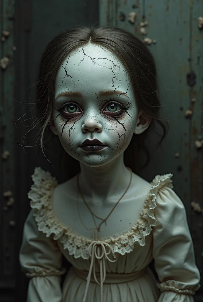 a close up of a creepy doll with a creepy face, creepy child, creepy and unsettling, doll phobia, scary ghost, scaring, scary pose, scary picture, scary look, very scary photo, horror photography, unsettling found footage, scarry, scary photo, horror dramatic moment, spiritual eerie creepy picture, terrifying :7, extremely scary, creepy photography detailed photograph shot on kodak, high depth of field, background