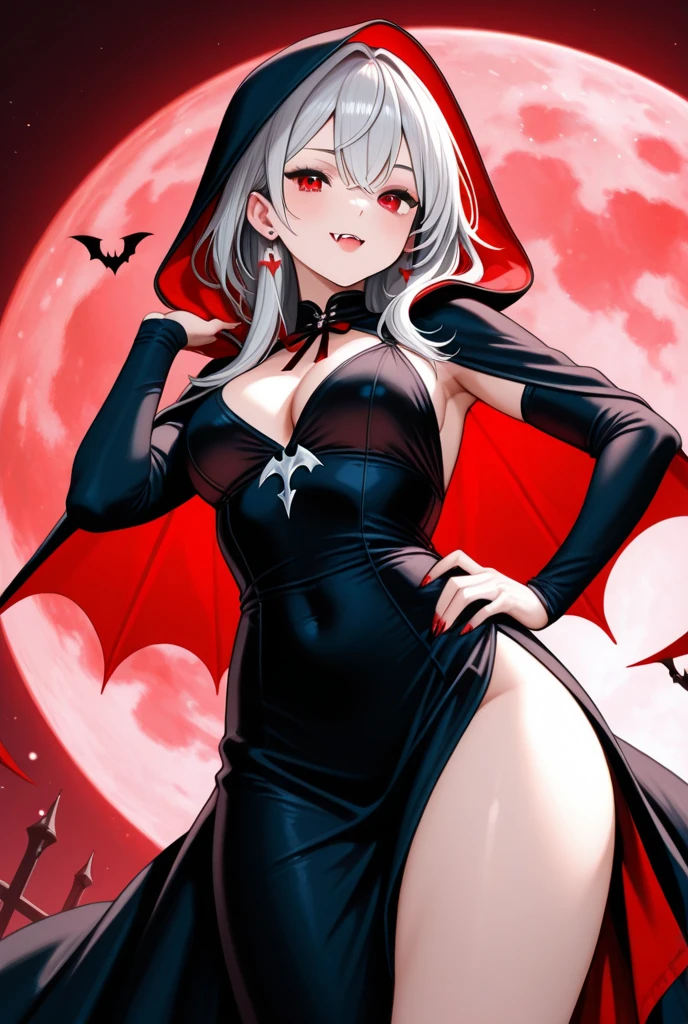 (extremely detailed fine touch:1.3), (2D:1.3), devil girl, (super very white short hair:1.3), blunt bangs, (yellow glasses:1.3), underrim, headphones, devil's wings, white skin, Tsurime Eyes, (glowing eyes:1.4), evil smile, (fangs:1.2), tongue out, red cheek, mini dress, medium breasts, clavicle, cleavage, cowboy shot, bat, hell