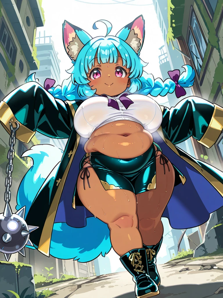 1 girl, alone, nejire hado,nejirehadou, long hair, blue eyes, very long hair, blue hair, (bright pupils: 1.5), smile, (beige ribbed sweater: 1.4), bare legs, standing, outdoors , city , (cowboy shot: 1.5), (masterpiece: 1.2), best quality, high resolution, Unity 8k wallpaper, (artwork: 0.8), (beautiful detailed eyes: 1.6), extremely detailed face, perfect lighting, extremely detailed CG (perfect hands, perfect anatomy), large breasts, medium waist, wide hips, medium thighs, round butt, facing viewer, head on, pov (from below), sexy body, perfect hands, perfect anatomy ,