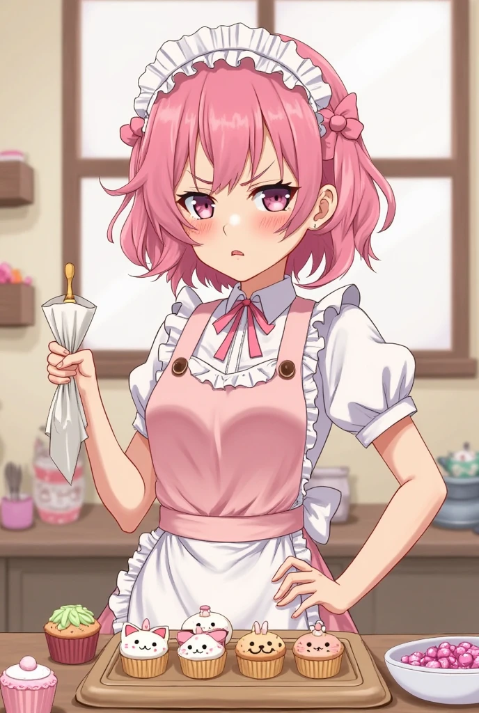 (masterpiece), (best quality:1.4, high quality:1.4), upper body, indoors, kitchen, 1girl, otonokoji kanade, pink eyes, musical note hair ornament, MULTICOLORED HAIR, GRADIENT HAIR, PURPLE HAIR, PINK HAIR, maid, maid headdress, maid apron, black dress