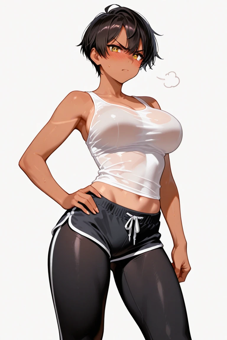 (best quality:1.1), (masterpiece:1.4), (absurdres:1.0), 1girl, (very short hair), ((tomboy hairstyle)),asymmetric hair, sporty hair, black hair, (medium breasts), (tomboy), track and field girl, looking at viewer, (blush:1.2), lockerroom, smile, hourglass figure, nice hips, wearing tight track and field uniform, midriff, ((nipple bulge)), tanned, (pulled down shorts), tomboy, tall, (sweat), (black pubic hair), (pussy), ((steaming pussy)), (steaming genitals),