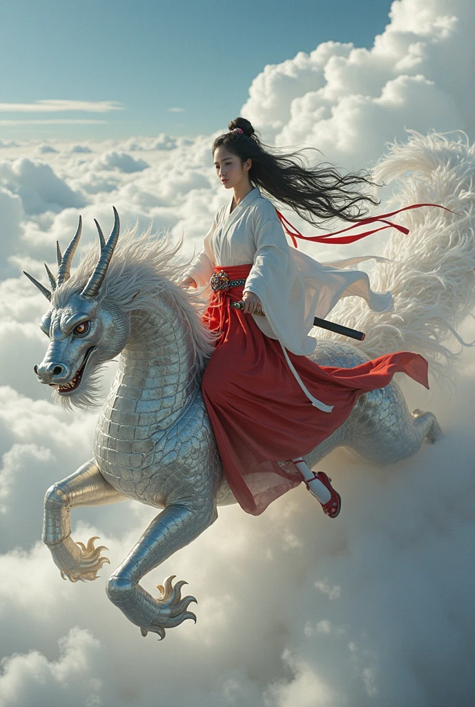 (Chinese woman riding a Chinese mythical beast),Kirin,Wear red Hanfu,Long hair fluttering in the wind,现代Fantasy风格,photography,Light Solution,real,Fantasy,Science Fiction