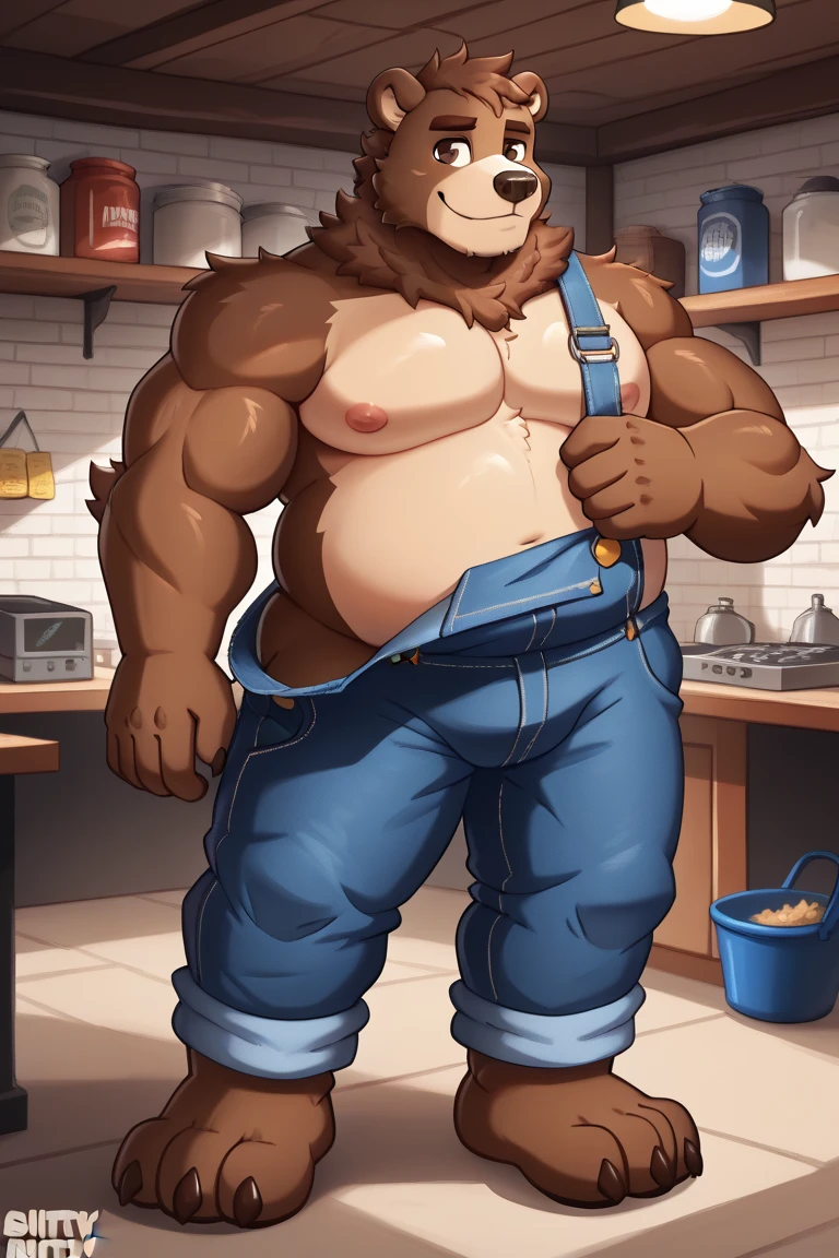 Solo, anthro, male (((cow, brown hair, hair over eyes, muscular, huge muscles, broad shoulders, huge pecs, abs, pink nipples, brown fur, brown body, pink nose, pink inner ear, horns, thick horns, muscular arms, muscular thighs, tail, blue baseball cap, brown penis, huge penis, thick penis, huge balls, saggy balls, ball tuft))) standing, kitchen, flaccid penis, perfect anatomy, full body, by darkgem, by mystikfox61, by glitter trap boy