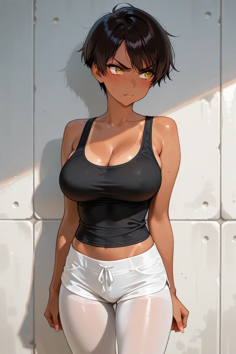 ((best quality)), ((artwork)), (detailed: 1.4), Beautiful woman, Asian, short black sleeveless t-shirt, black pants, blue eyes, black hair, short hair, blue hair ribbon, blue headband, outdoors, (Alone), Realistic, ((artwork)), (best quality), (detailed), (1 girl), Big Breasts, sexy, Thick, below breasts