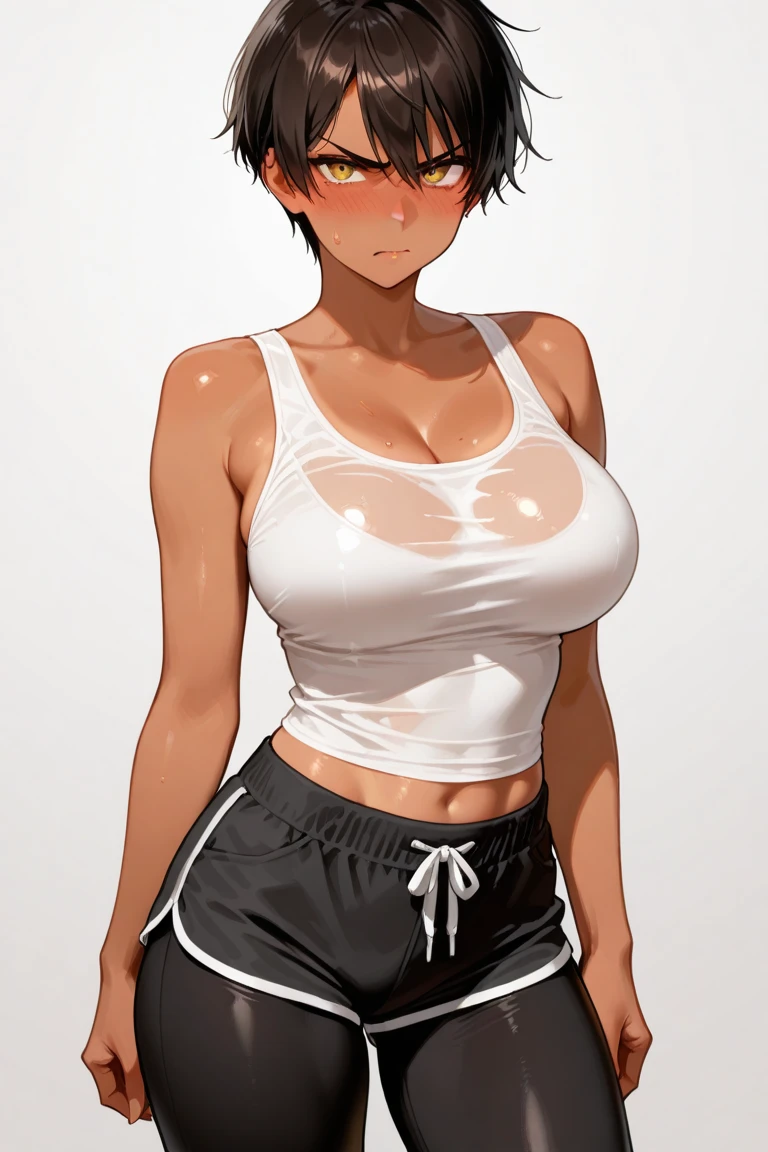 masterpiece, Score_9, Score_8_up, Score_7_up,1 woman, alone, black hair, very short hair, split bangs, gold and orange eyes, half-closed eyes, parted lips, expressionless, pale skin, large breasts, many scars, one scar on one eye, best quality, long open bangs, black sleeveless shirt, black V-neck, baggy pants, high heels