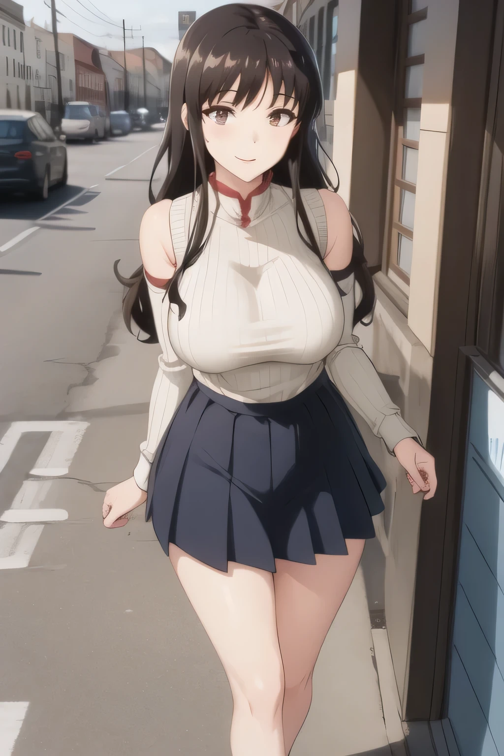 A woman with a lovely smile,Sleeveless Sweater,Please draw big breasts with even bigger breasts,The face is absolutely necessary,Accurate representation of hands and legs,Dark Hair Long Hair,hair band,dark blue pleated skirt,Please draw her expression more delicately,walking alone, city tour ,,(((she is dressed as a casual tourist))), ,(Let's draw a more delicate look),(sleeveless wool sweater),( Pleated Legs,white panties),(That work is enough for one person {)、 , Attractive 20-year-old adult woman, big black wavy hair, , Big breasts, Thin Waist , , ,