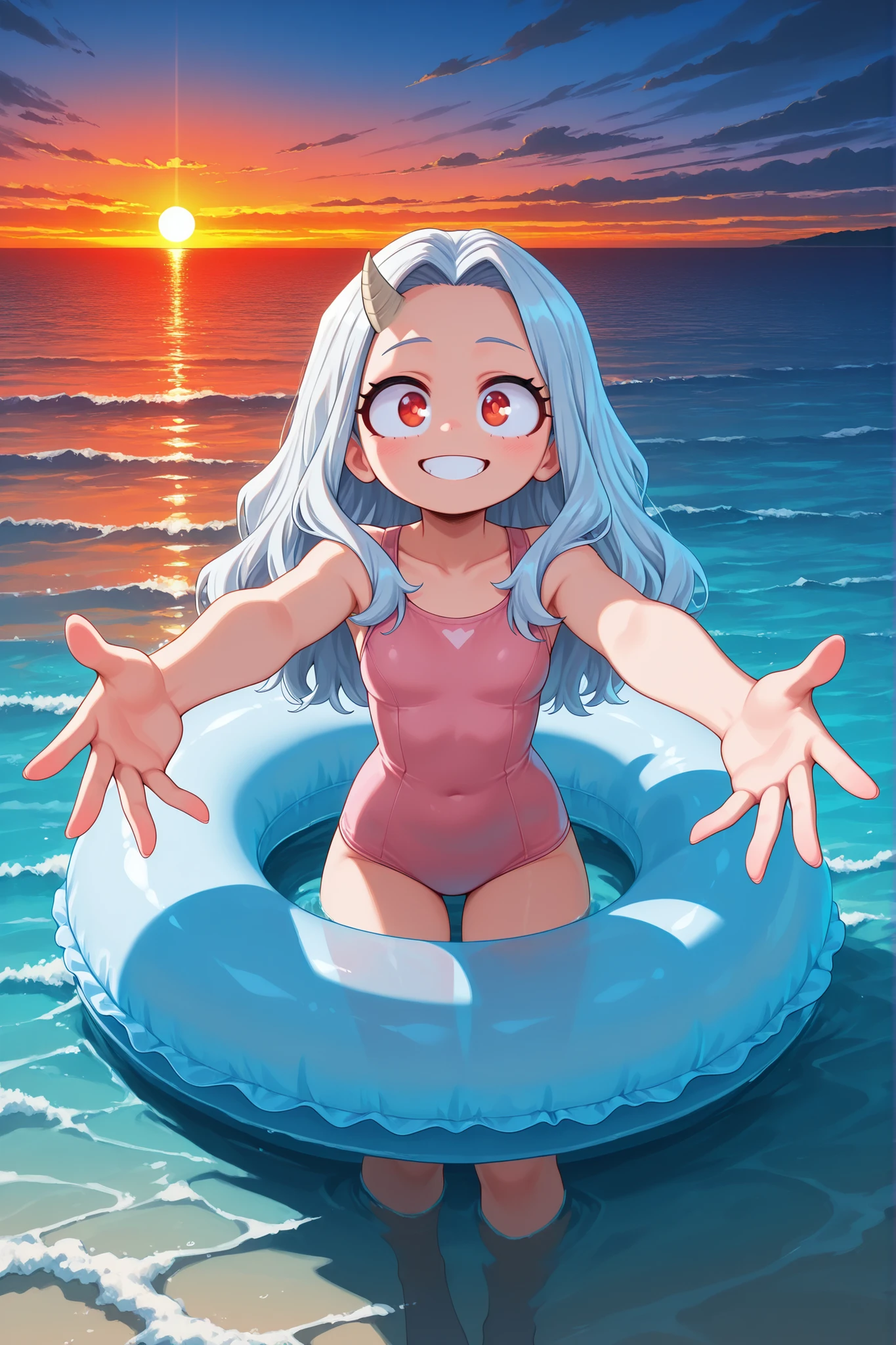 1 girl, solo, general, smiling, looking at the viewer,
Academia Eri,
Eri, long hair, red eyes, white hair, horns, one horn,
(masterpiece, best quality, very high resolution), masterpiece, high resolution, perfect anatomy, anime style, anime screenshots, 8K wallpaper, ultra high quality, (highly detailed CG), (perfect lighting), (sharp image of), AddXL,
1 girl, solo, general, ocean, smiling, swimming, on light blue inner tube, outstretched arms, outstretched legs, five fingers, small breasts, thin thighs, cute pink swimsuit, masterpiece, high resolution, absurd, detailed face, beautiful face, detailed eyes, beautiful eyes, latest, best quality, good quality, great quality, amazing quality, very beautiful, summer, sunset