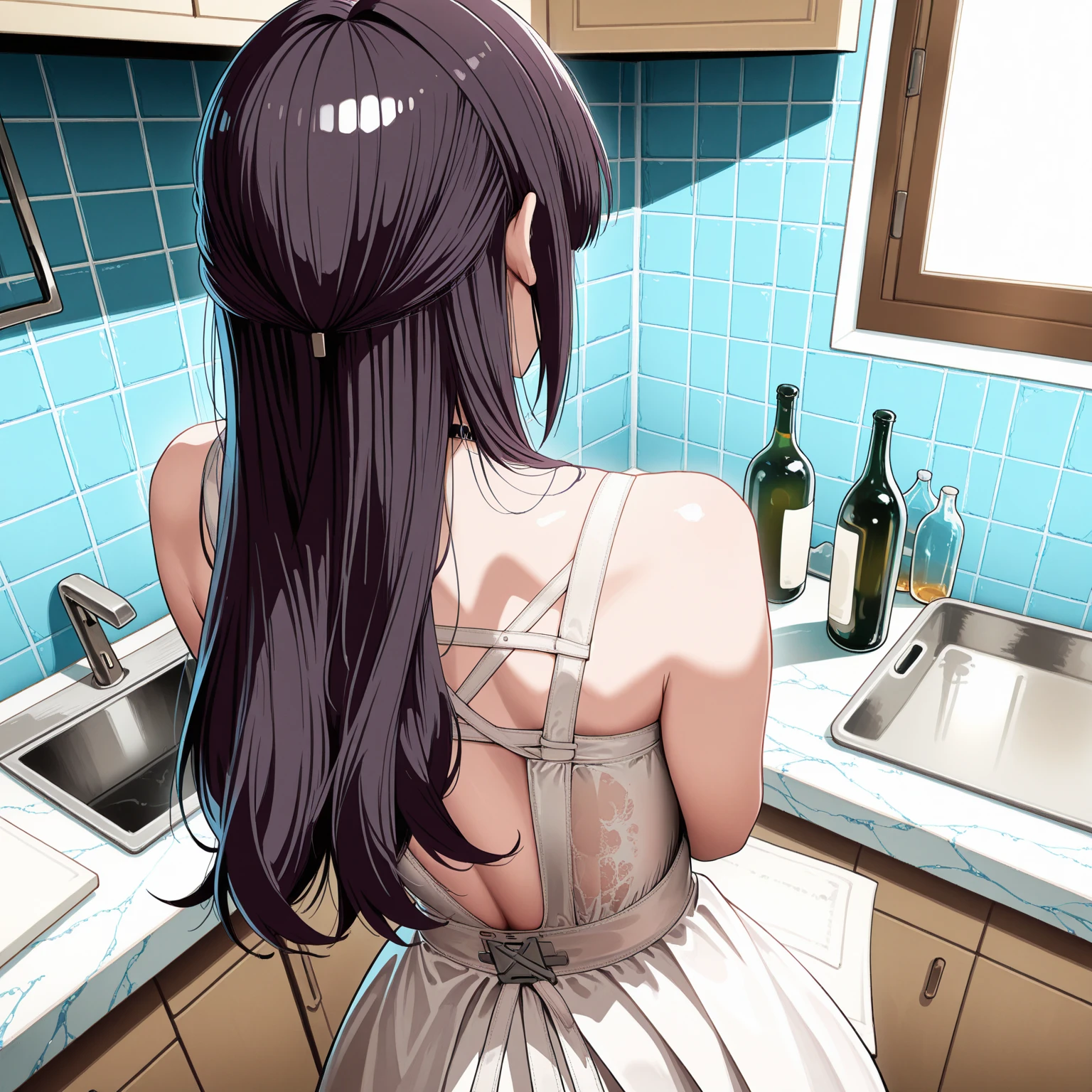 sole girl, MILF, housewife cooking in the kitchen, stand in front of the sink, turn her back on camera, detailed background, detailed arms, very long brown hair, high resolution, (symmetrical clear eyes:1.2), sense of depth, 16k, best quality, masterpiece, detailed illustration