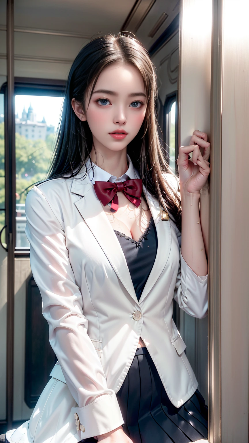 (横たわっている女の子)、Realistic, High resolution, Soft Light,1 female, alone, jewelry, Current school classroom,Biggest eyes,Low chest, Long Hair、((Farbe々Farbeのついた髪))(超Realistic)、(Awareness-raising)、(High resolution)、(8k)、(Very used to it)、(Best illustrations)、(Beautiful and beautiful eyes)、(highest quality),(Detailed face)、alone、1 girl、Looking at the audience、Get used to it、Detailed face、In the dark night、Deep Shadow、secret key、Pure erotic face ace_、length、Black shawl straight hair、46 point diagonal bangs,Female student、(White Blazer、Chest Emblem)、Translucent white blouse、Red bow tie、( 明るいFarbeで,Plaid)、,8k, highest quality, 超High resolution, Tabletop, Realistic, Realistic, High Contrast, Photon Mapping, The real picture, smile
