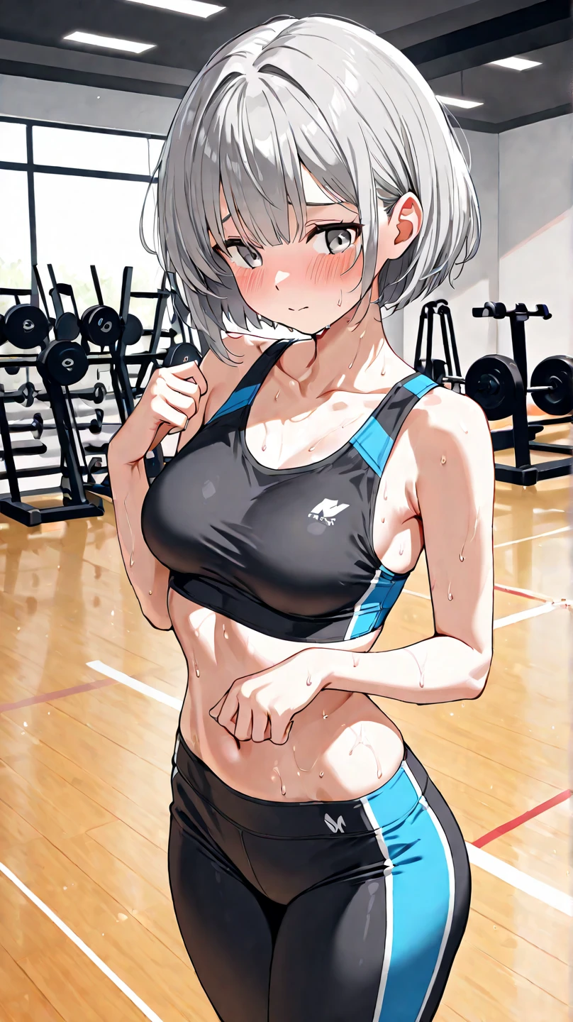 (Sweat, White skin:1.5、Light gray sports bra, ), cameltoe, Fitness, , ((ブラにSweat染み:1.5, Sweatで濡れている, Sweat染み, stain on grey sports bra:1.5)),Big Breasts, Sturdy body
