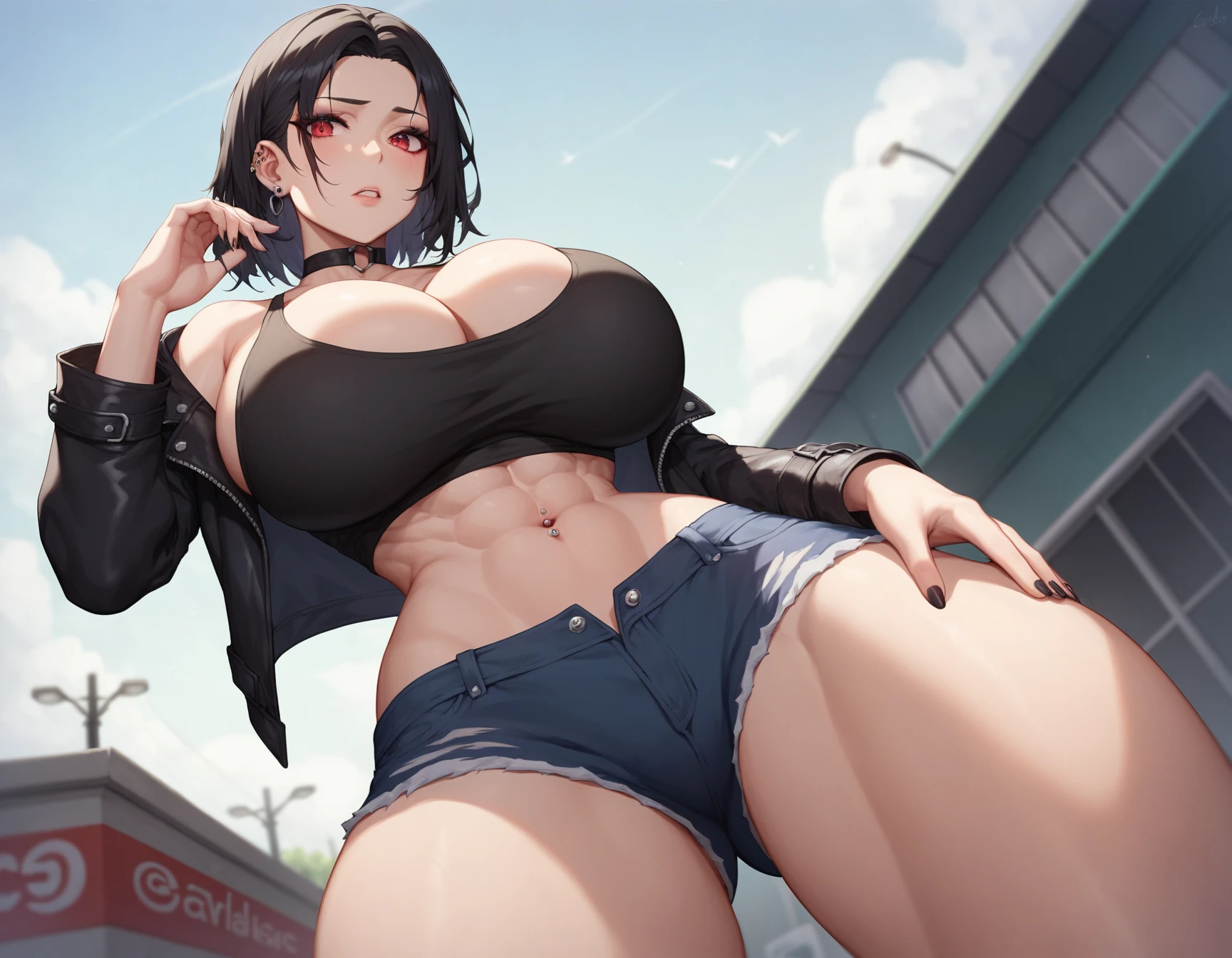 (sharp focus, masterpiece, HD, anatomically correct, best quality, shexyo:1.2), detailed, detailed face, detailed eyes, (white background:1.2), (soifon, short hair, bangs, black hair, short hair with long locks, long braids, blue eyes:1.3), (1girl, solo, standing:1.3), (thick, voluptuous, chubby, milf, thick thighs, fat thighs, wide hips:1.4), sexy, hot, (thick lips, big lips, bimbolips, blush, parted lips, sexy smile, shy:1.5), (tank top, crop top, underboob, shorts, thighhighs, sleeveless, midriff, elbow gloves, cleavage:1.6)