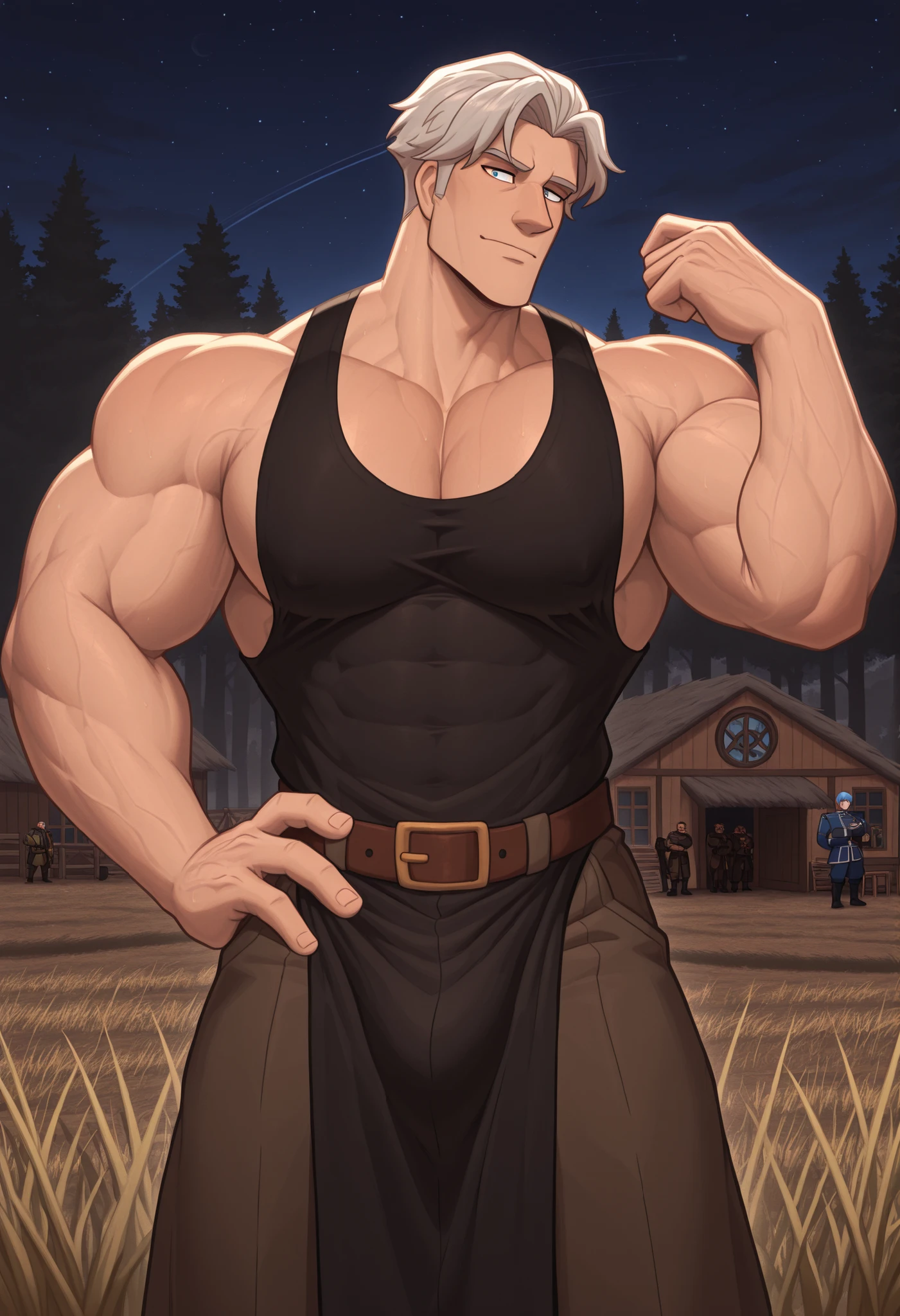w0lfc0nf, Allein, male focus, erwachsener Mann, blaue Augen, kurzes Haar, braunes Haar, Vollbart, nur Hose, oben ohne, Bauer, Strohhut, mit Mistgabel, sexy, Schlafzimmeraugen, mischievous towards the observer, muscular, big PECS, breite Schultern, Hand in der Taille, behaart, farm, Sunny, Wolken, Himmel,
perfekte Anatomie, Meisterwerk, perfect quality, best quality, detailliert, neuestes, very aesthetic