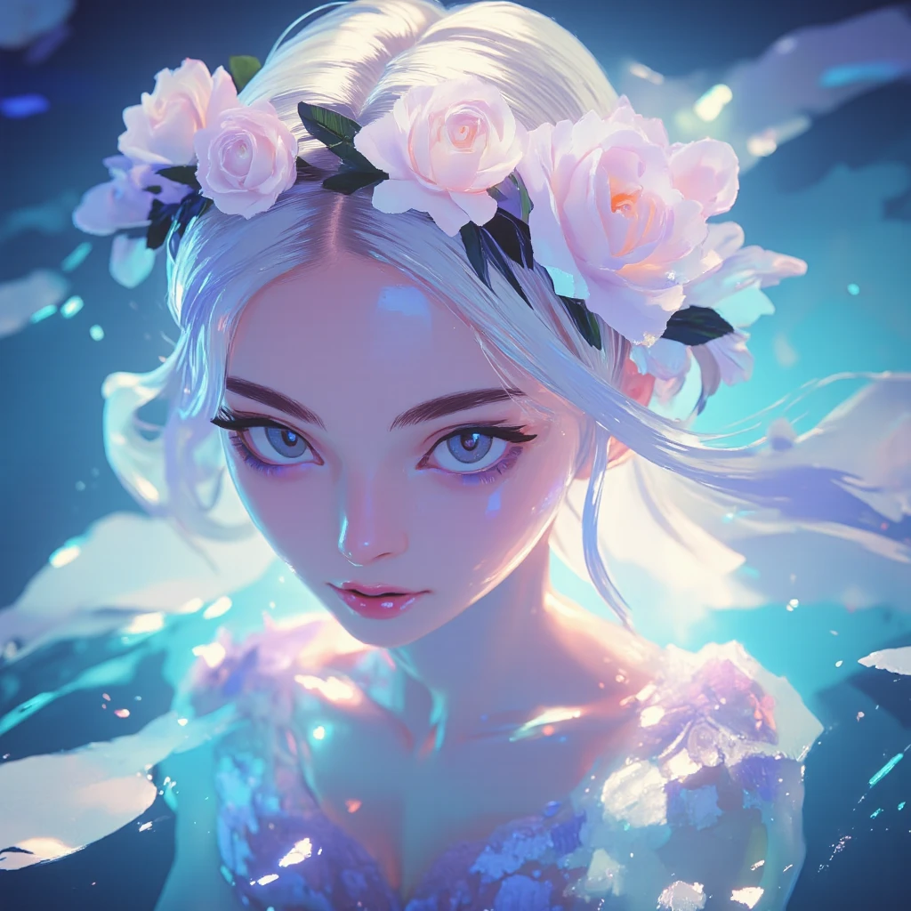 A close up of a woman with long hair and flowers in her hair - SeaArt AI