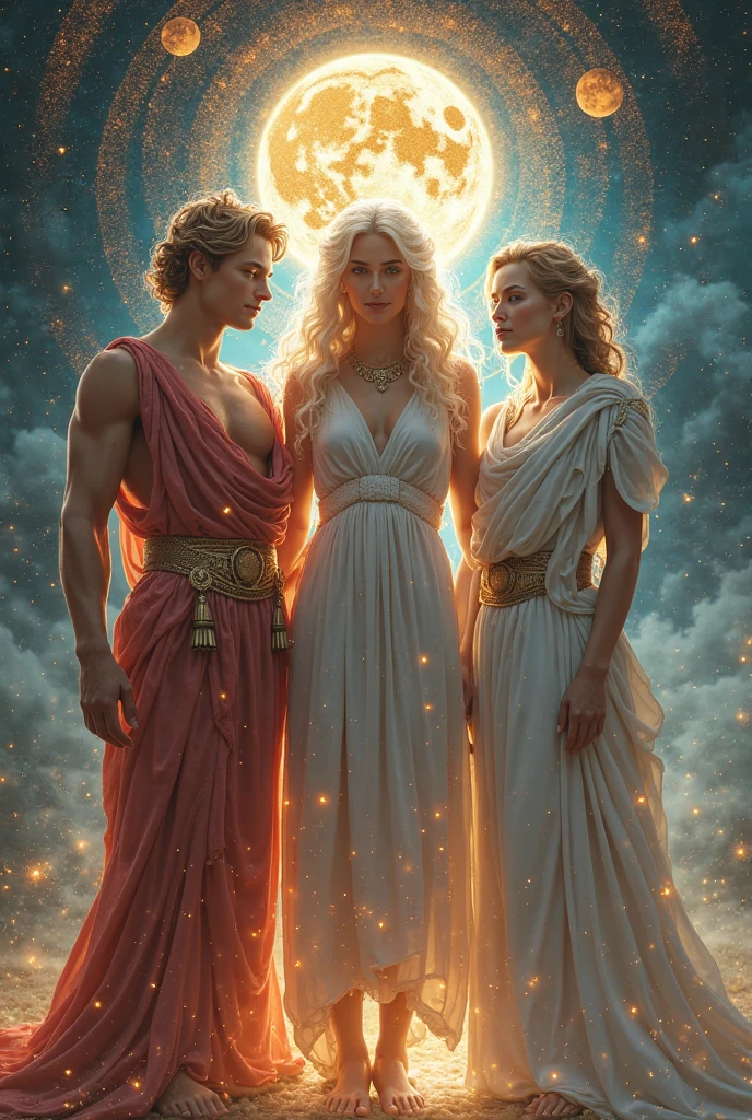A picture of a white male god with short brown hair and a blonde hair female god and a bald skinny black god.
