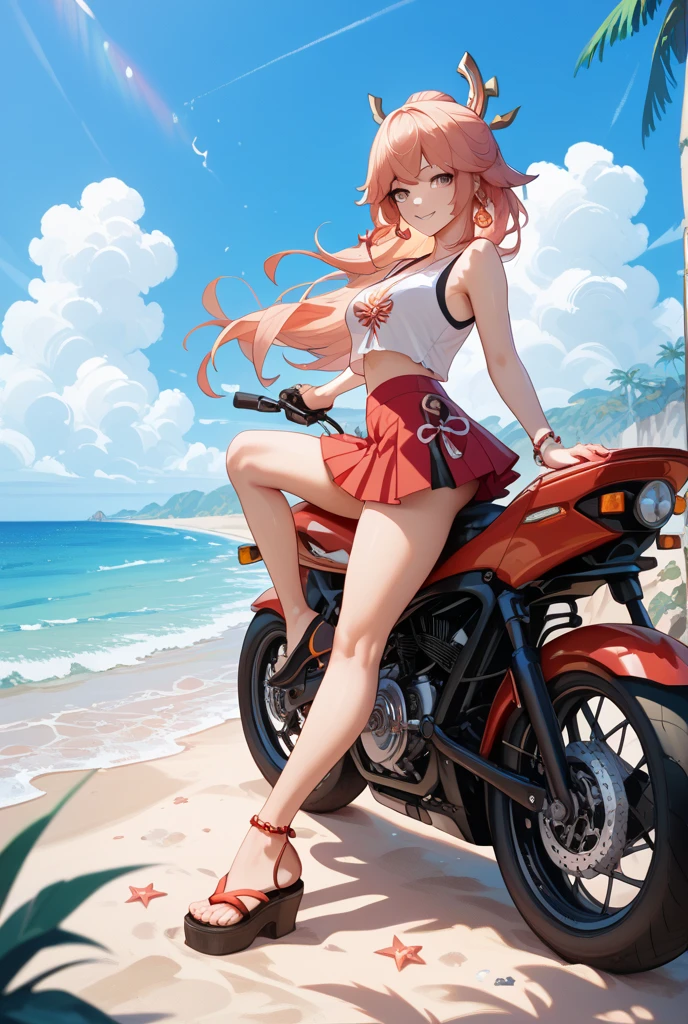 attractive 30 year old woman with bear ears. piel bronceada, amber yellow eyes and blonde hair with pink tips, pechos grandes gotas de agua sus pechos. sonrisa mostrando los dientes, rubor... pink leopard design bikini, botas rosadas, fondo motocicleta de carreras rosada. motocicleta. motocicleta de fondo.