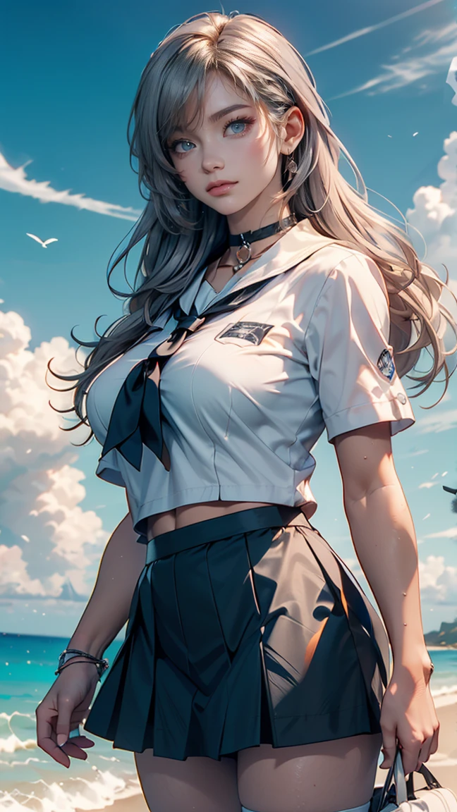 ((Medium-breasted, 18-year-old girl, small head)), ((15)), (Perfect body: 1.1), (Young), (Short wavy hair: 1.2), Full body shot, (Girl in uniform: 1.4, pleated skirt, button-up shirt), ((School uniform)), (Highly detailed CG 8k wallpaper), (Very delicate and beautiful), (Masterpiece), (Best Quality: 1.0), (Ultra High Resolution: 1.0), beautiful lighting, perfect lightning, realistic shadows, [Hi-Res], Skin Detail, Ultra Detail, (Legs Spread), (Legs Up), Slim Body) Bent, Big Earrings, Thighs, (Beautiful Long Hair),, Thin Clavicle, Soft Navel, Soft Midriff, Soft Back, Angle from Above, Sweaty, Beautiful Breasts, Blush photorealistic, realistic face, realistic eyes, small eyes, grinning ((((colorful)))) ((cleavage))), (eyeliner), (mascara), ((thick white liquid on the body)), ((very sweaty)), (high detail skin)))), (body wet))((wet thighs)), ((spread thighs)), ((thick white liquid dripping from the body)))), ( (Hands on thighs))
