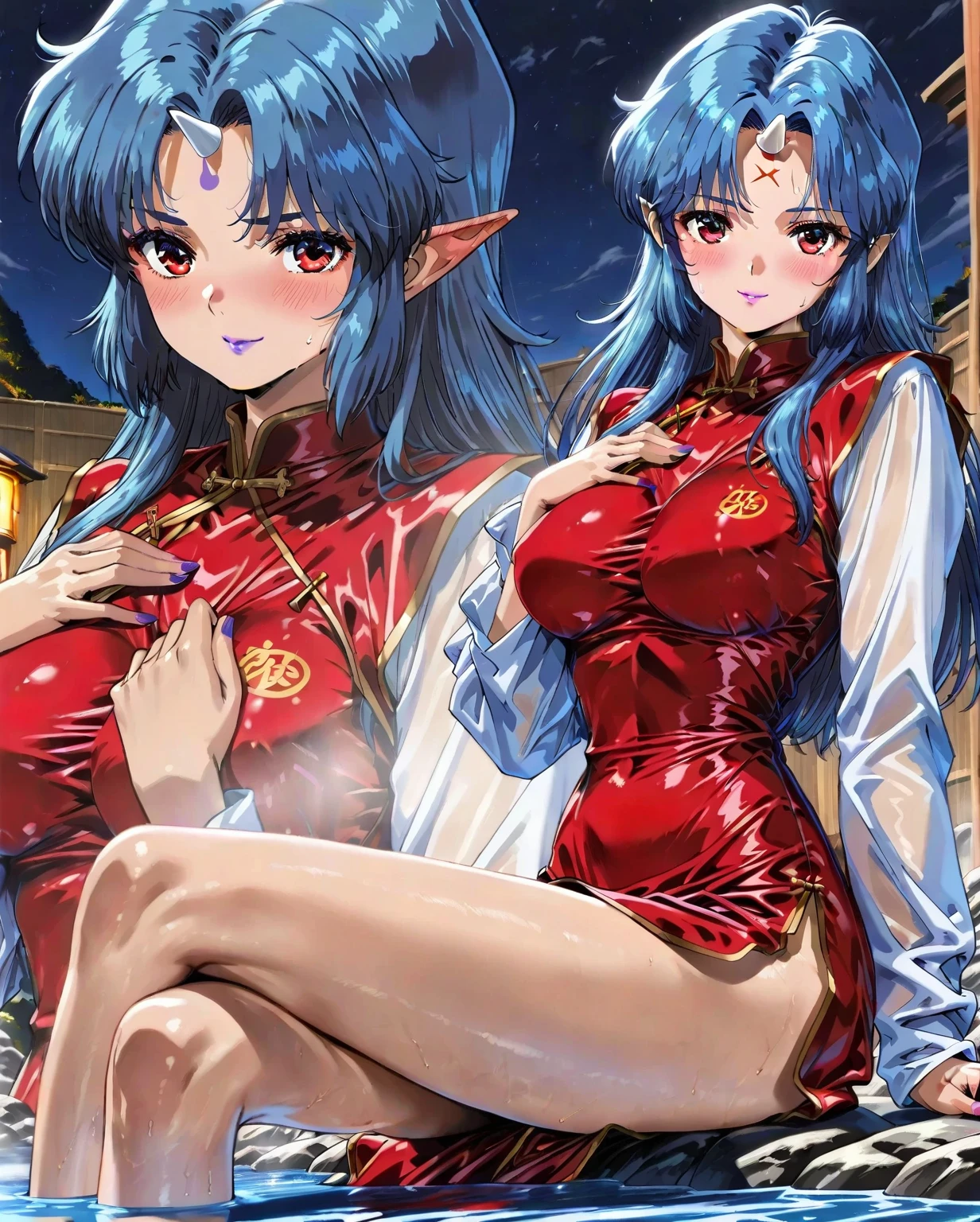 Beautiful 15 year old Chinese Kung Fu girl princess with short blue hair Gorgeous embroidery, Ultra glossy, She is wearing shiny red long sleeve floral pajamas.... She is lying on a red patent leather futon and showing her left nipple.