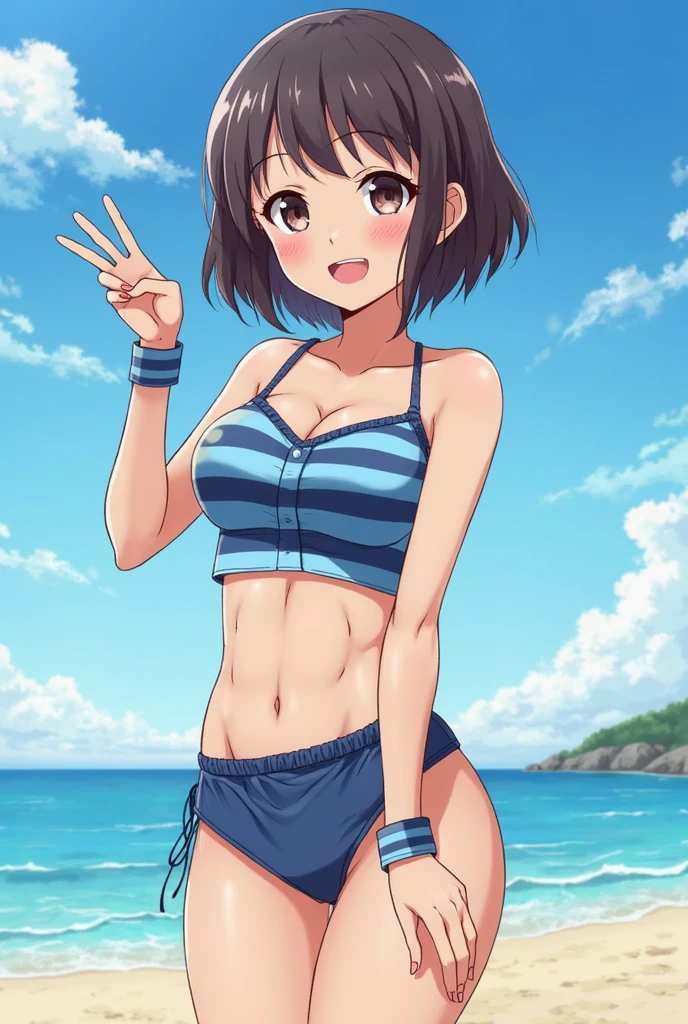 ((masutepiece)), ((Best Quality)), (Ultra-detailed), ((Extremely detailed)), 4K, (8K), Best Quality, Flat color, heavy outline, sharp outline, 1girl in, Solo, grin, Soaking wet girl in American flag bikini, Wet skin, brunette very short hair with bangs, sun shower, dancing on a tropical beach