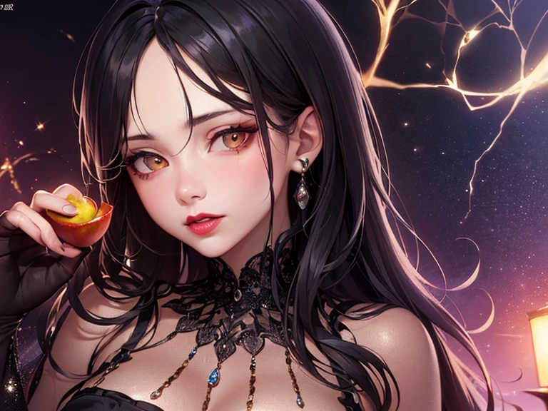 1 Girl, 19 years old, south korean, 4k, masterpiece, realistic, long whavy black hair with bangs, purple inner color hair, shining purple pupils, shining red lips, red eyeliners, golden hoop earings, elegant purple dress, freckles, super large breast, big smug smile, closed mouth, bright colors, blurred background, portrait.