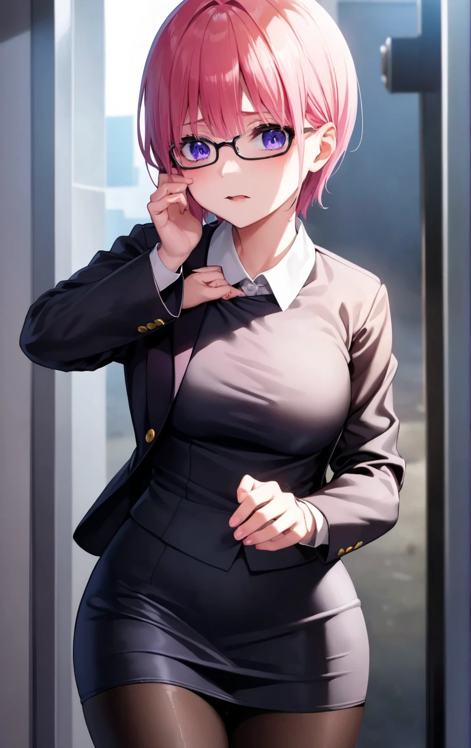 ichikanakano, ichika nakano, short hair, bangs, blue eyes, hair between eyes, smile,pink hair, big breasts , OL, red glasses, end, black suit jacket with open front, white dress shirt, collared shirt, neckline, button,morning, black pencil skirt, black pantyhose, stiletto heels,
break looking at viewer, whole body, 
break outdoors, School　school gate,
break (masterpiece:1.2), highest quality, High resolution, unity 8k wallpaper, (figure:0.8), (detailed and beautiful eyes:1.6), highly detailed face, perfect lighting, Very detailed CG, (perfect hands, perfect anatomy),