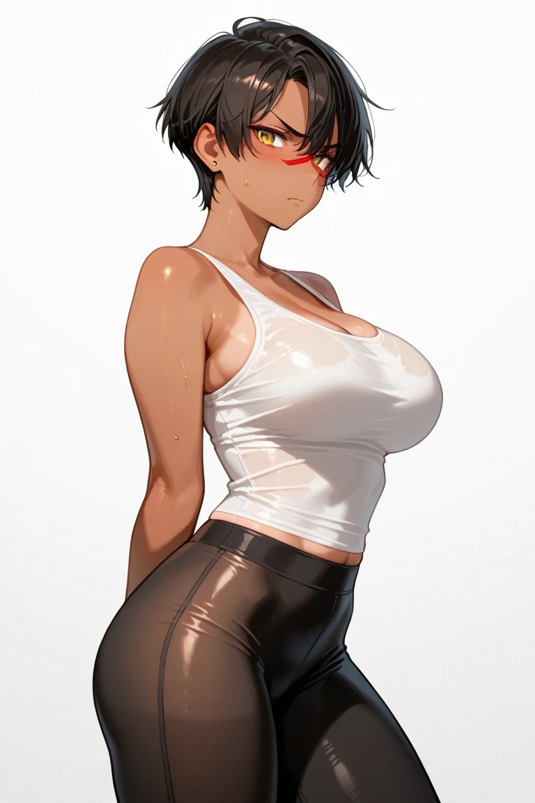 a ninja, pretty face, serious face, short black hair, green eyes, perfect body, fit body, abdomen, big breasts, muscular,