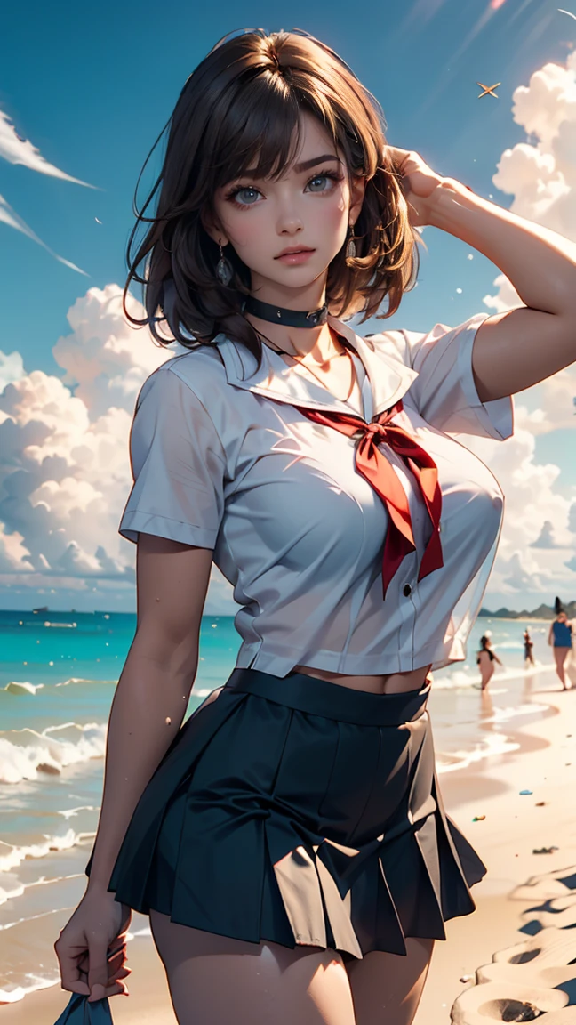 ((masterpiece, best quality, highres, UHD, perfect pixel, depth of field, 4k, RTX, HDR))), 1girl, single, solo, cleavage, beautiful girl, beautiful artstyle, ((Detailed beautiful eyes, beautiful eyelashes, realistic eyes)), ((detailed face)), ((smooth texture, realistic texture, photorealistic)), large breasts, small ass, perfect body, ((cowboy shot)), ((( white sheer sailor shirt, Sleeveless, Open front))), (((Navel ))), (((Sheer Micro Mini Skirt))), poolside, Perfect Eyes Eyes
