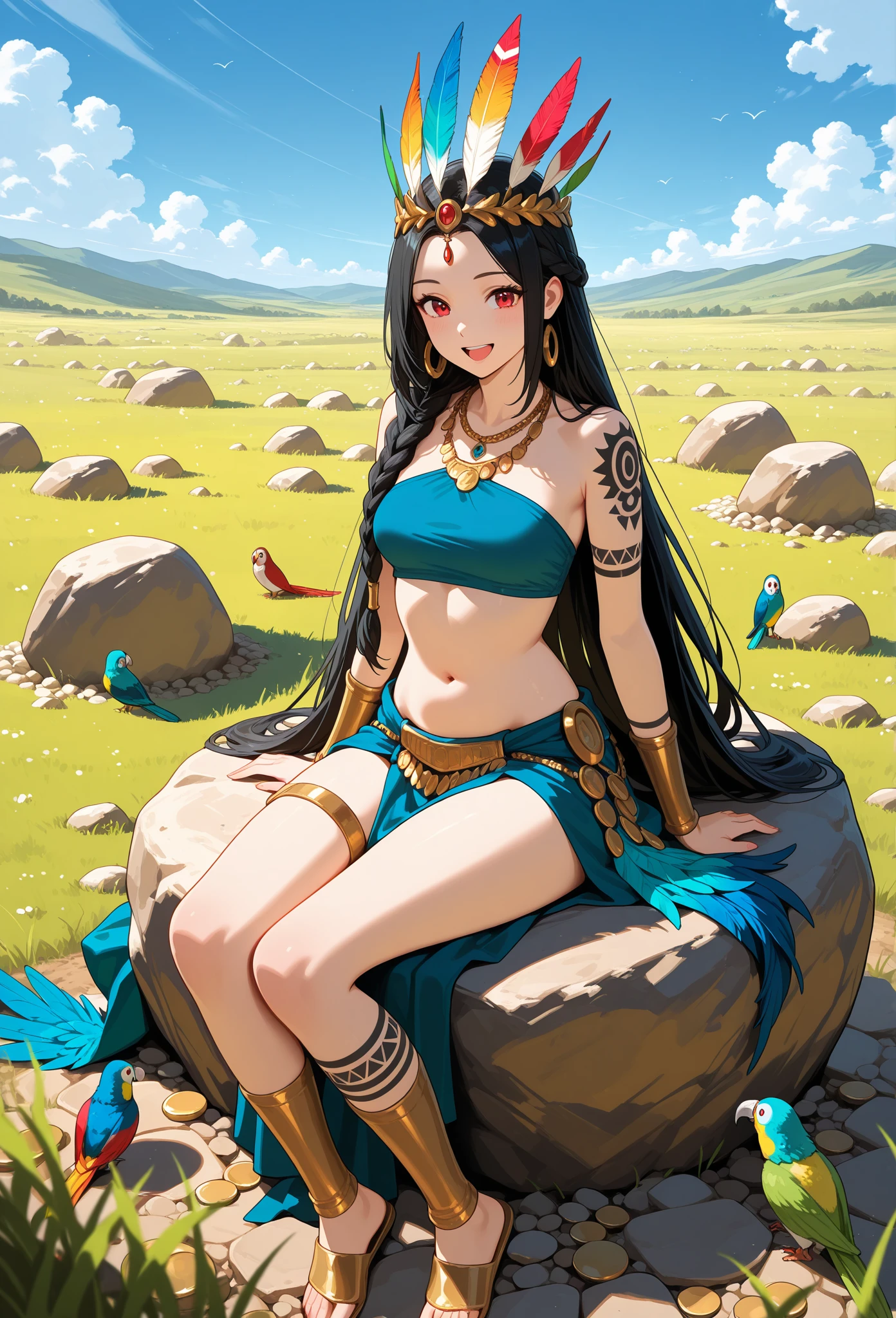 Aztec tribal queen with yellow and blue tribal markings and patterns, Mesoamerican, Mexica, blue and yellow beautiful dress, in the mountains,