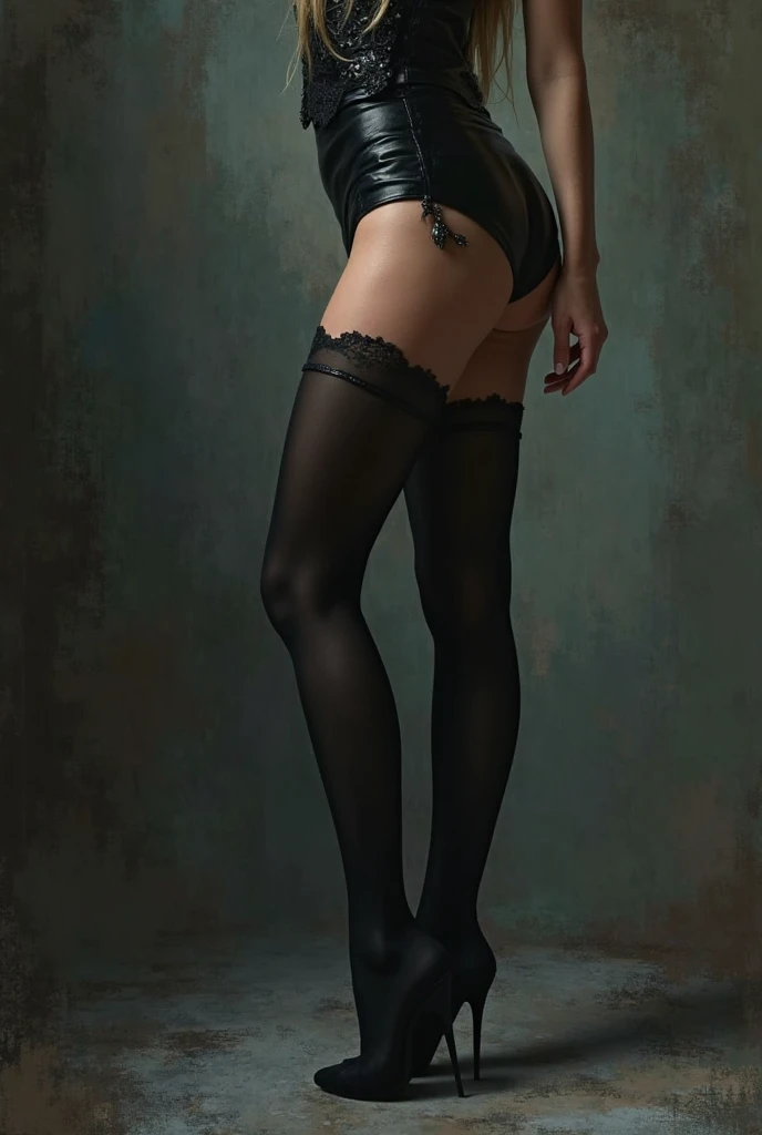 (masterpiece, photorealistic:1.4, extremely intricate:1.3), (photon mapping, radiosity, physically based rendering, ultra resolution, hyper-realistic, 8K), solo 19 year old ((masquerade mask, black lingerie, high heels)), from behind, openlegs, [brown hair:dark hair tips:0.5] in the hazy room, on stage dancing action pose, dim, shadows, makeup:1.2, [skin detail:freckles:0.7]