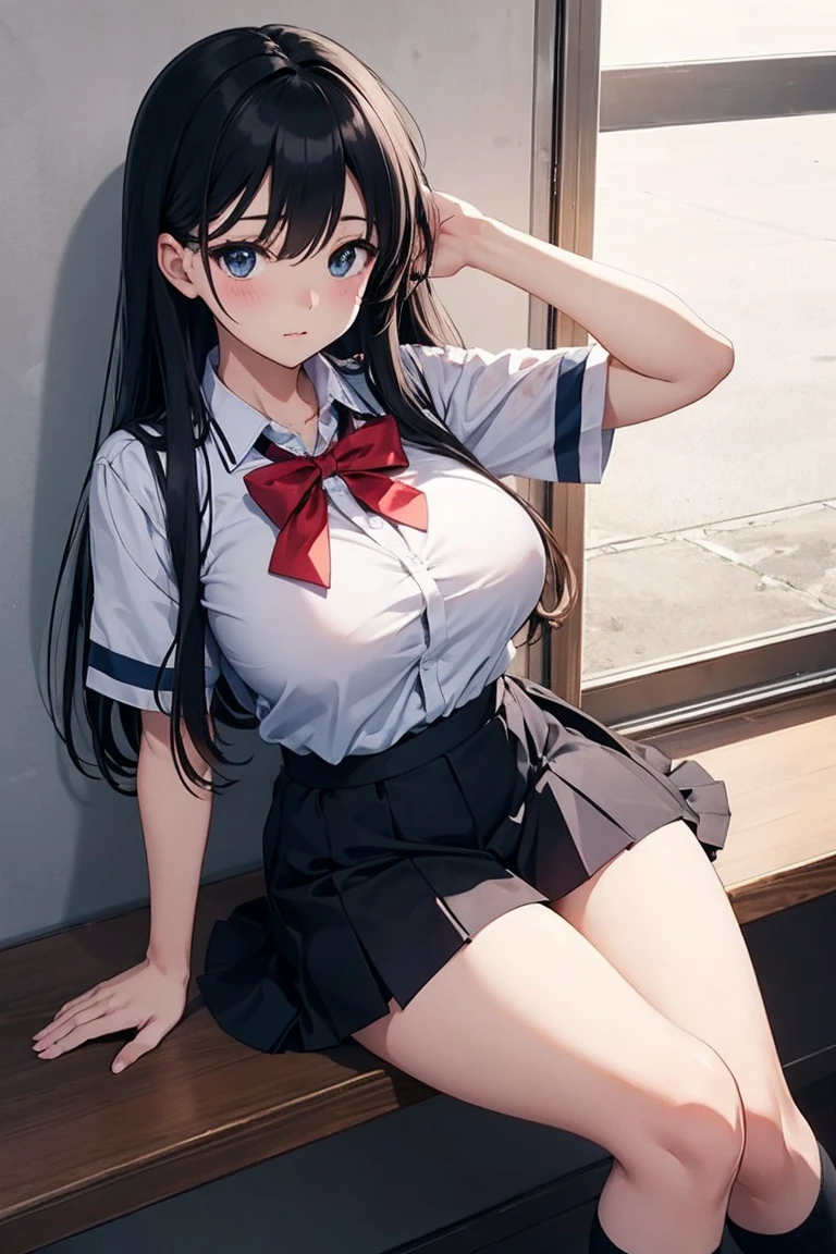 masterpiece, highest quality, One girl, View your viewers, Small waist, RAWphotograph,Hands intricately、Beautiful fingertips、 Ultra-realistic, High resolution, photograph, Sharp focus, Most detailed, Very detailed, Super detailed, In detail, Very detailed目と顔,Very detailed手と指、Idol、Thighs, beautiful girl,View your viewers, Small waist,Symmetrical face, whole body、White micro mini skirt、White knee socks、Cleavage、Large Breasts、Long Hair、Big red ribbon、はだけたThighs、Beautiful navel、美しいCleavage、The bouncing breasts、Lying on your back、evening、On the grass