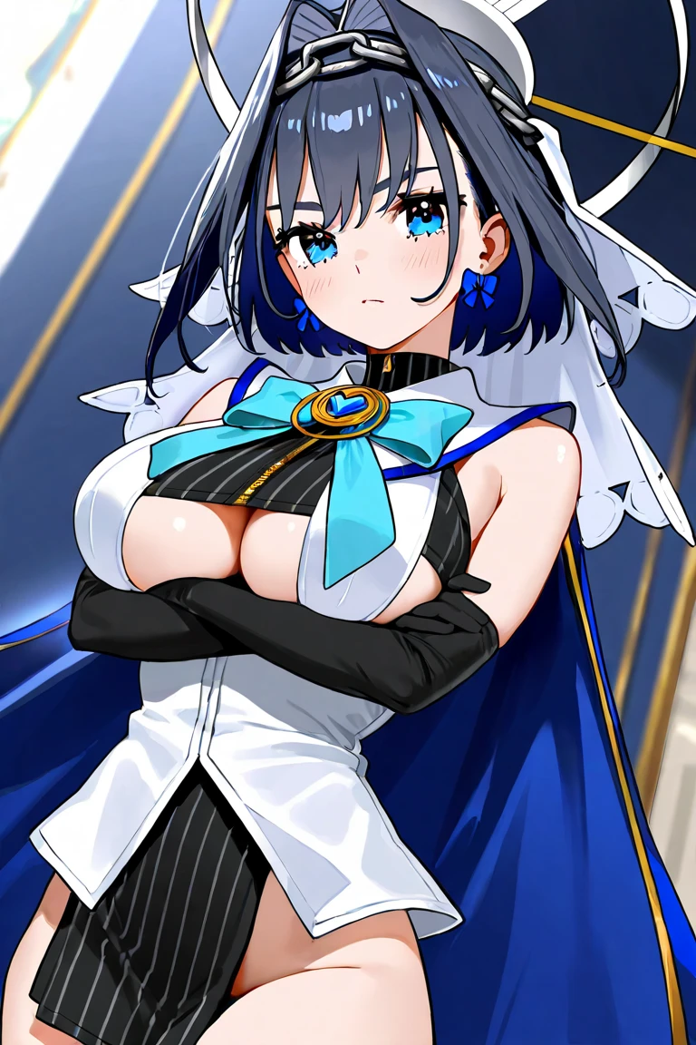 Veyle, Veyle \(fire emblem\), Veyle \(fire emblem engage\), 1girl, purple eyes, solo, (two tone hair, multicolored hair, black hair, grey hair:1.3), long hair, looking to the side, hat, streaked hair, collar, cleavage cutout, white headwear, upper body, bangs, clothing cutout, breasts, cleavage, bare shoulders, belt, black collar BREAK Surprised, Typhoon, Holding an object BREAK Temporal anti-aliasing, adaptive ambient lighting, skin surface imperfections, filmic tone mapping, wrinkle and crease rendering, tear duct and eyeball shading, cloth and fabric simulation, makeup rendering